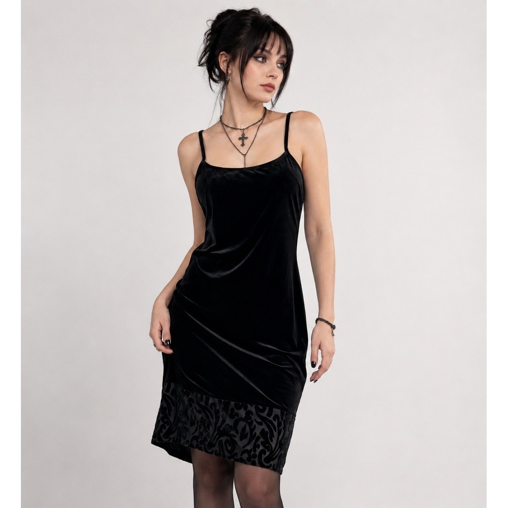 Vintage Y2K Natorious Black Velvet Slip Dress Large Burnout Damask Hem Goth‎ USA